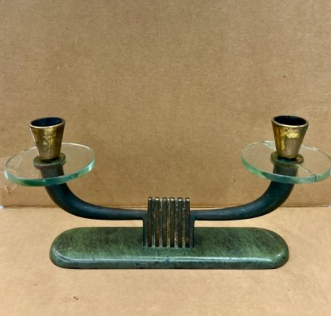 Vintage PAL-BELL Israel Candle Holder: One of the glass pieces has been glued together. Marked "PAL-BELL CO Made in Israel" at the underside. 4.5"H 9.75"W.