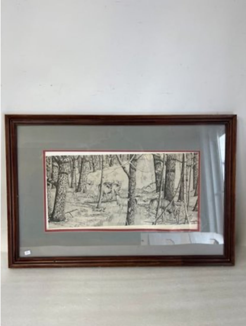 P. Mesick. Lithograph, Deer In Woods: Framed. 20" H by 30 1/2" W