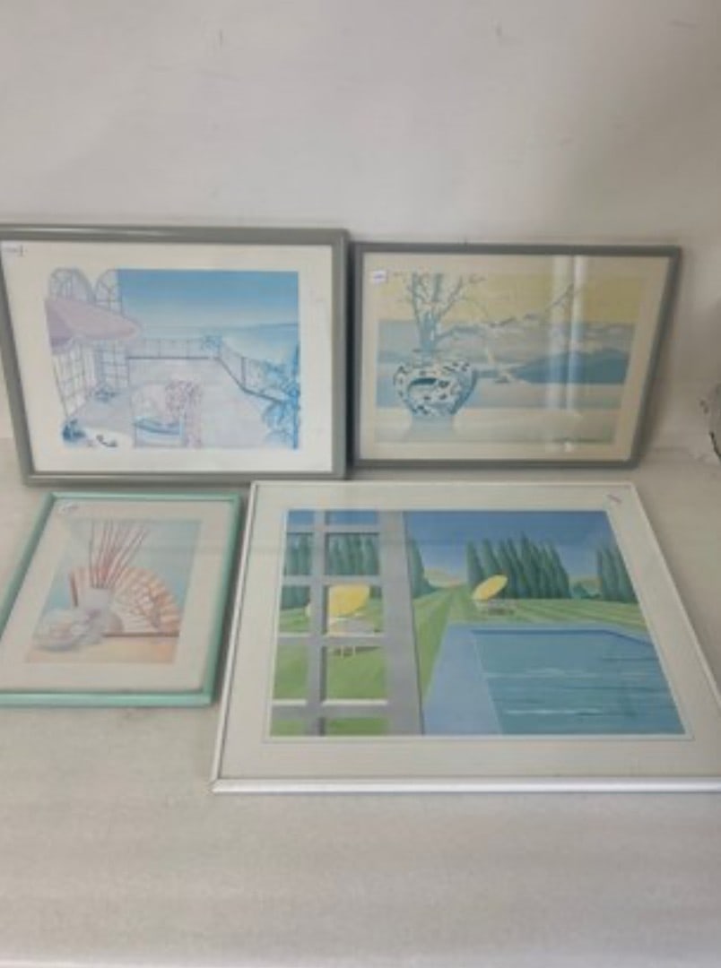 Seaside, Beach & Other Vintage Prints (4): Carlos Rios , Vases, Bamboo Shoots and Fan; Richard Ackerman Japanese Print, Vase with blossoms and two others. All framed. Largest 16" H by 20" W Smallest 11 1/2" H by 9 1/2" W