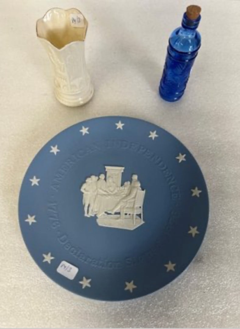 Belleek, Blue & White Plate & Blue Glass Bottle (3): 4 1/4"H, 8 1/4"D and 5H