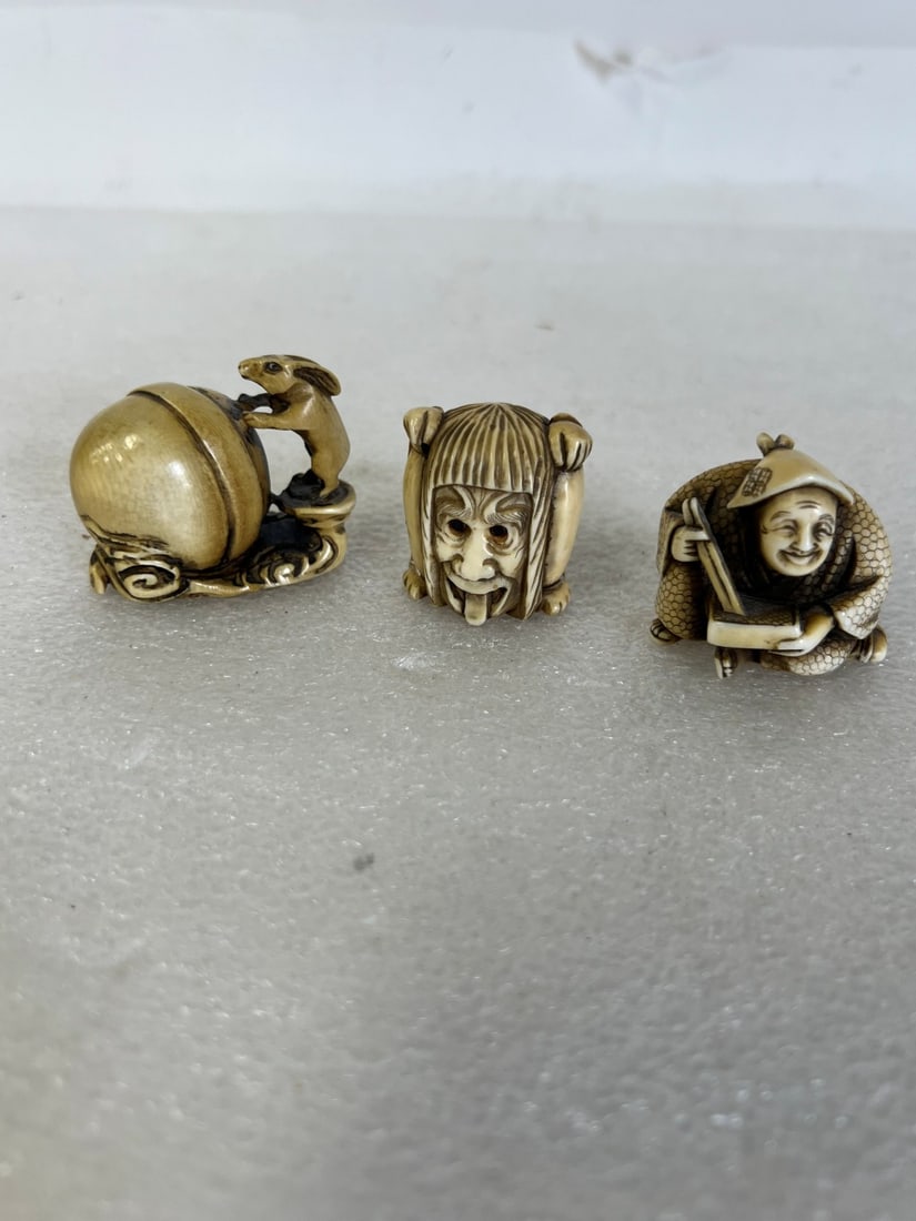 19th C. Carved Japanese Ivory Netsukes (3): Markimgs at the undersides of all. Intricate detail. As pictured. All about 1 1/2" x 2"