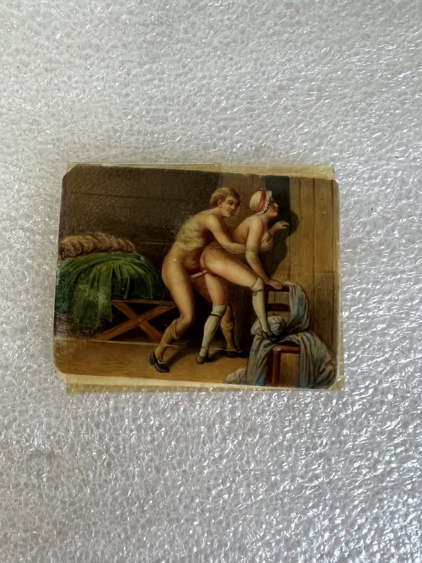 Miniature Erotic Watercolor on Ivory: 2" x 2 1/2" Well executed, On porcelain