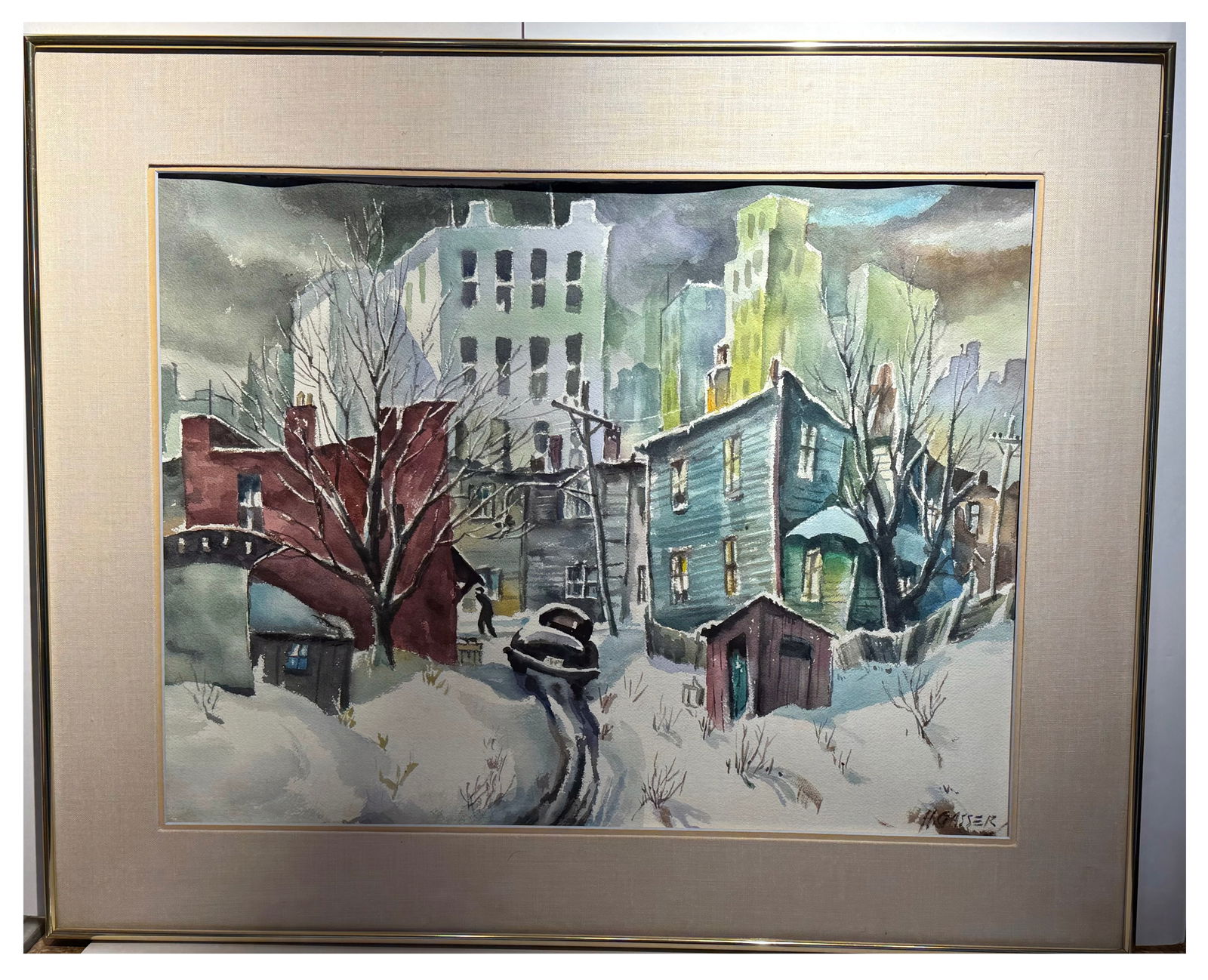 Henry Gasser; American Watercolor "Newark Winter" Signed: Watercolor on paper. Newark Winter. Signed lower right; 19in. x 25in.(sight), 27in. x 32.25in.(framed)