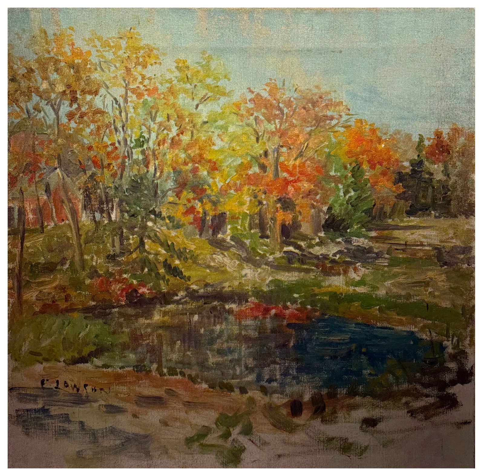 Ernest Lawson; American Impressionist Oil - Landscape with House Signed: Ernest Lawson(1873-1939) oil on canvas. Landscape with House. Signed lower left, signed again and dated '13 on stretcher; 18in. x 18in.(unframed)