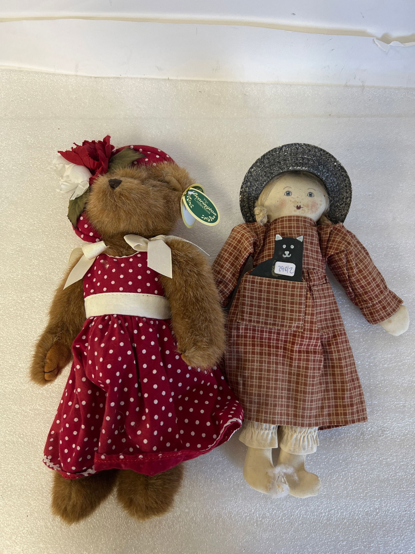 Handmade Cloth Doll and Bearington Bear: On handmade cloth doll, foot is as is and will be visible in photo. The bear is part of the Bearington Collection. Style 1539. Named Jackie