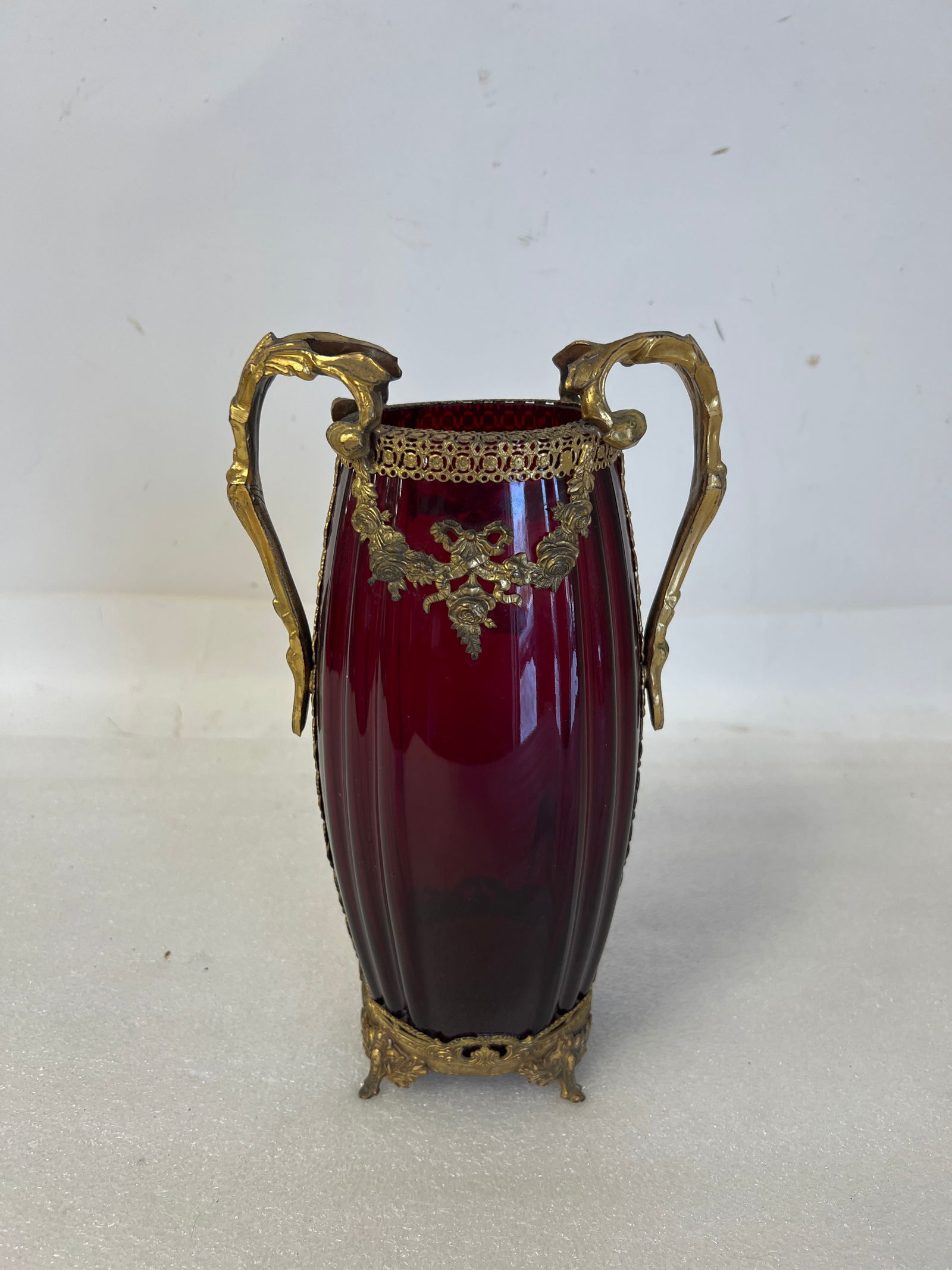 Victorian Bronze and Cranberry Art Glass Vase. (1 of 1)