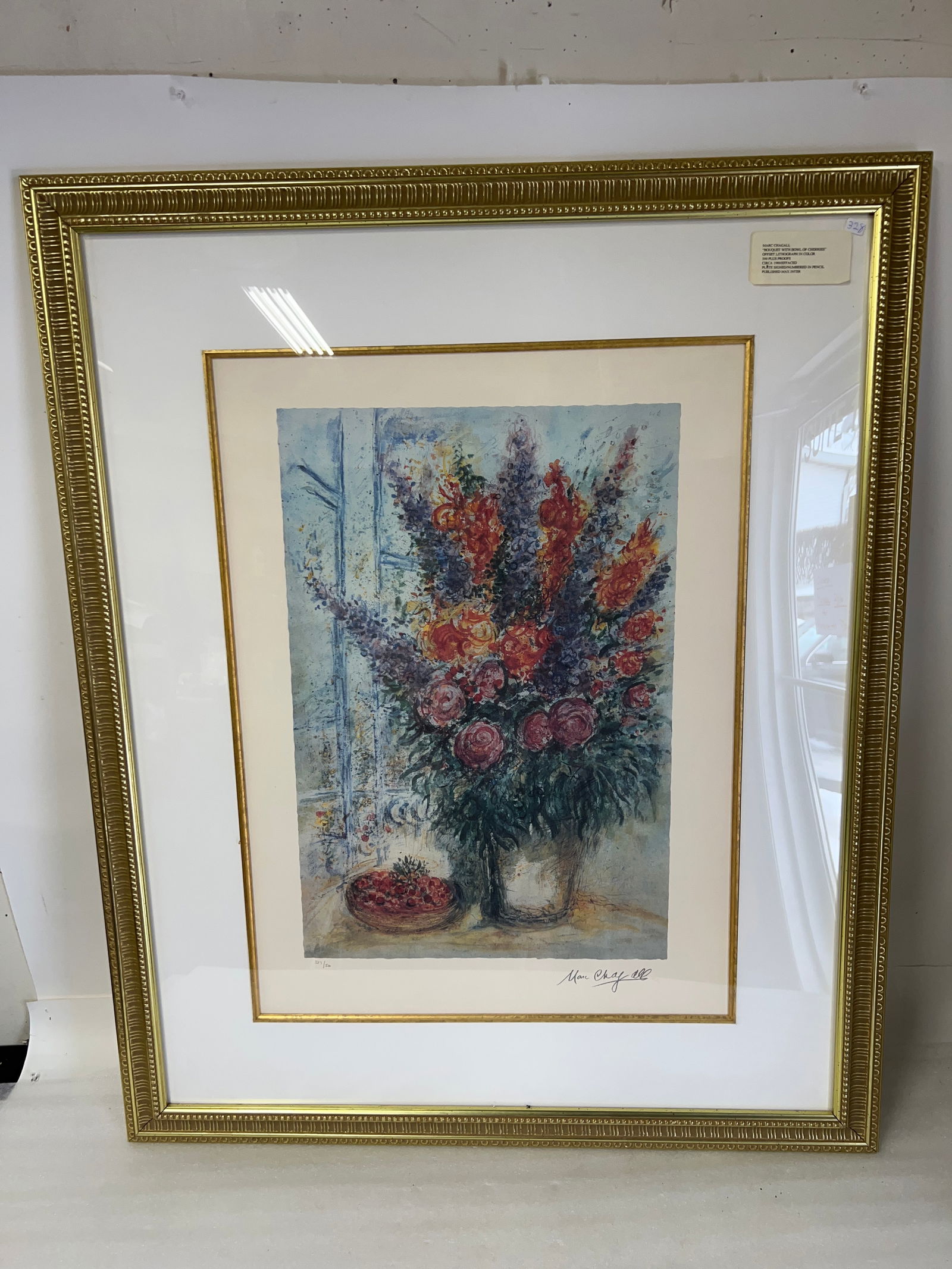 Marc Chagall Ltd. Ed. Certified Lithograph: Numbered 337/500 lower left and signed in pencil lower right Gallery matted and gilt framed. " Bouquet with Bowl of Cherries" Offset lithograph in color. 500 plus proofs. Circa 1989/EFF A CED Plate