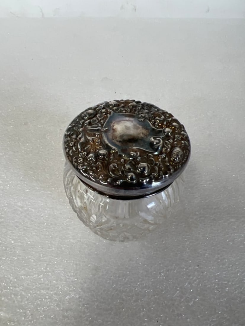 Victorian Dresser Jar Sterling lid: Marked Sterling and Numbered size 2 3/4" H by 2 3/4" W