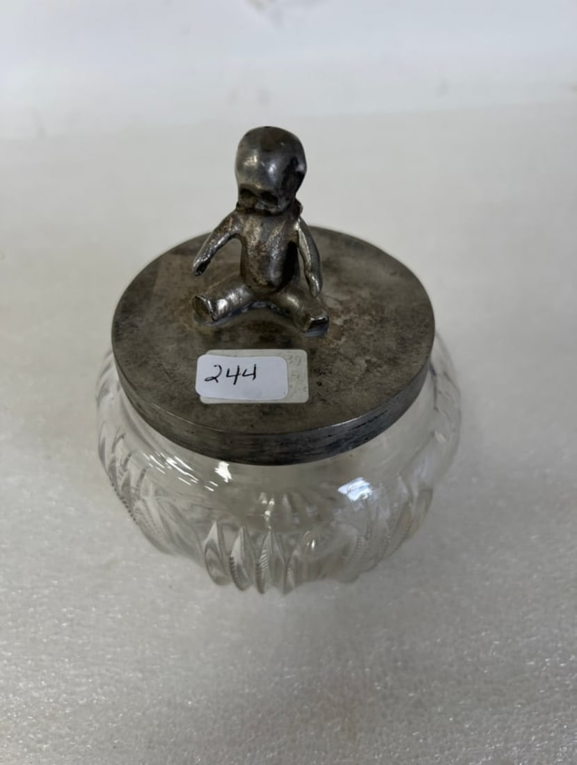 Victorian Dresser Jar Figural lid: Lid With a Seated cherub 3 1/4" H by 4" W