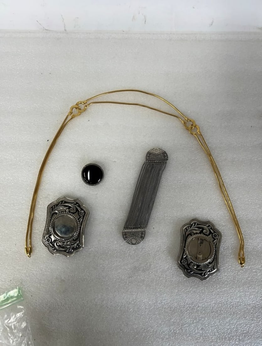 Vintage Costume Jewelry: An onyx and sterling silver buckle marked 925, two large silver repoused mirrored belt bckles (one needing mirror replacement; a "gold" belt, a fancy silver multi-strand collar holderl