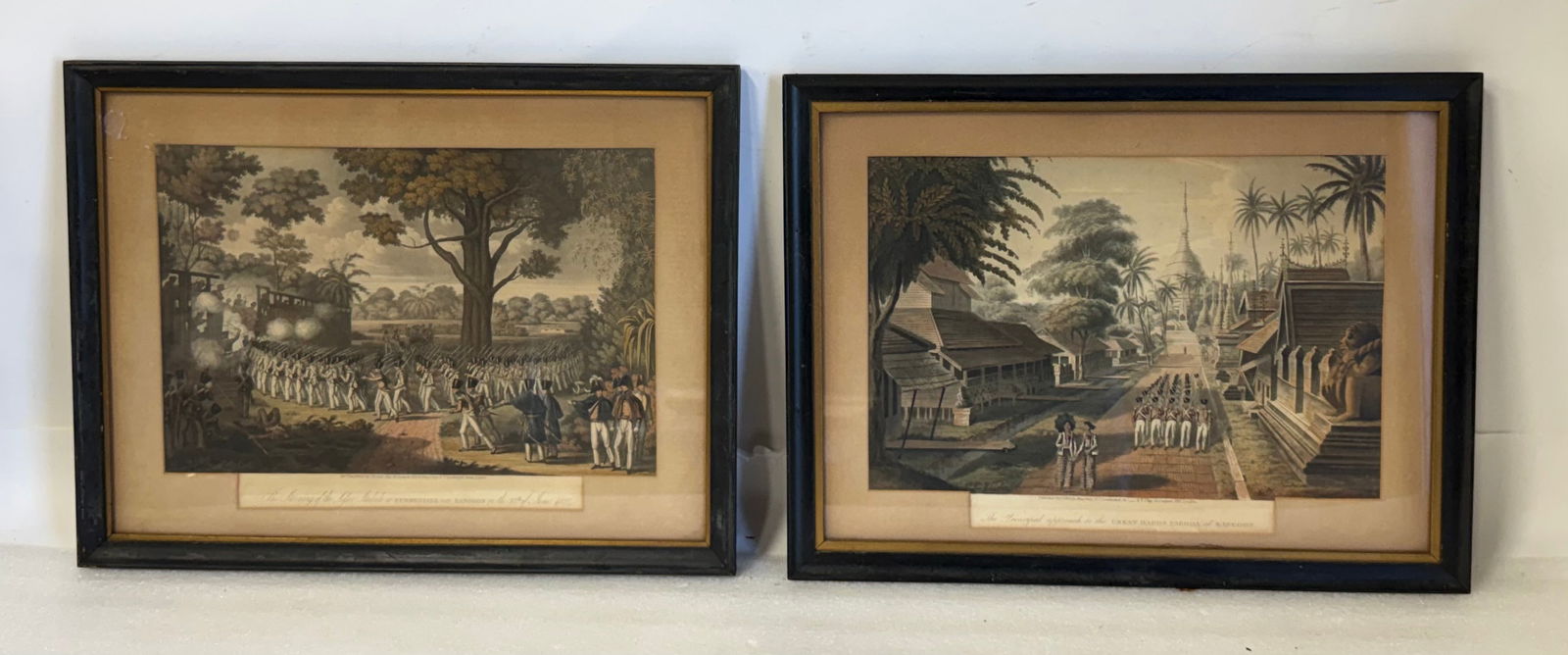 Lieutenant Joseph Moore; Pair of 19thC. Framed Engravings: Lieutenant Joseph Moore, with engraving by Theodore Fielding. Published in 1825, the print is part of the "Eighteen Views taken at & near Rangoon" series, depicting British troops during the First Ang