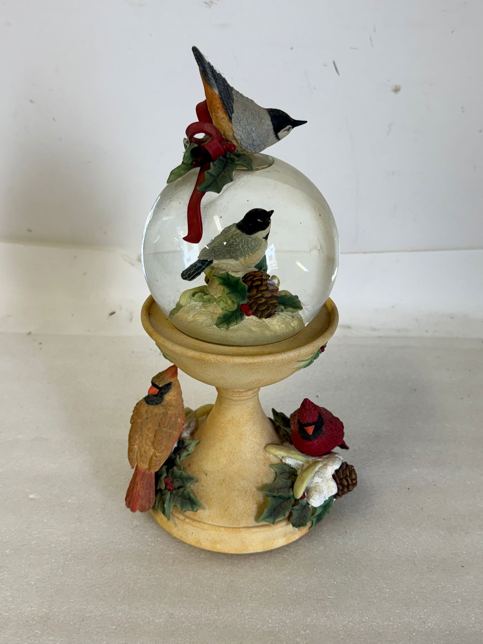 Lenox Composition Christmas Musical Globe: Lenox resin Christmas globe. Birds in Winter. Marked Lenox; 12inH. X 6inW.