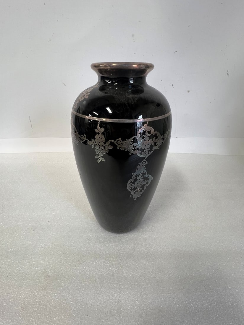 Victorian Sterling on Black Glass Vase: 12"H