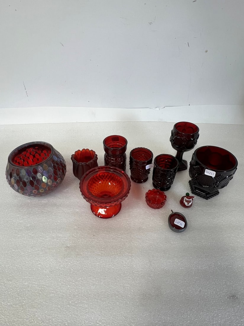 Collection of Ruby Glass (11): As Pictured small compote missing the lid. Varying Sizes
