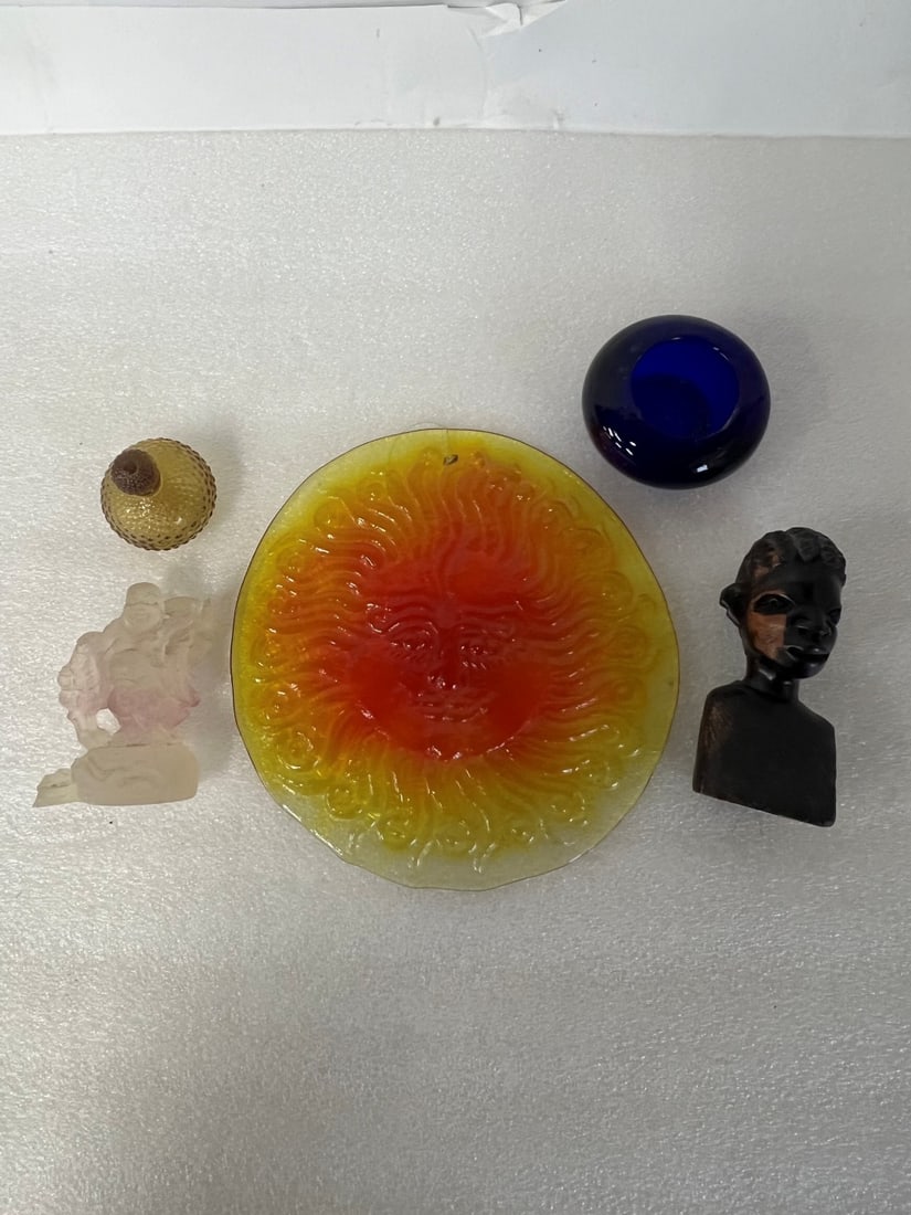 Collector or Dealer's Lot (5): Carved Wooden African Head 4 1/4" Hob Nail Perfume 2 1/4" H Colbalt paperwieght Vase 1 3/4" H Glass Buddha 3 1/2" H Art Glass Plaque 7 3/4" D