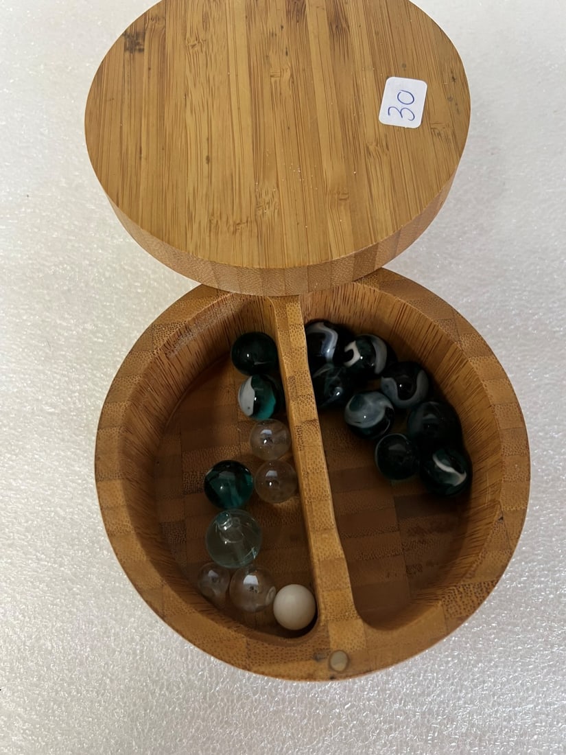 Wooden Box with Antique Marbles ( 17): Two Small marbles.
