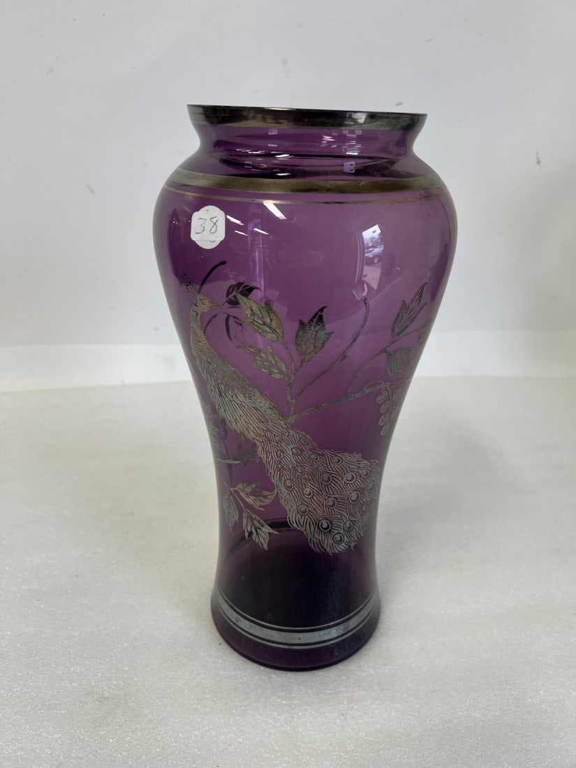 Amethyst Art Glass Vase Silver Overlay: 12:H. Most minor chip outer rim.