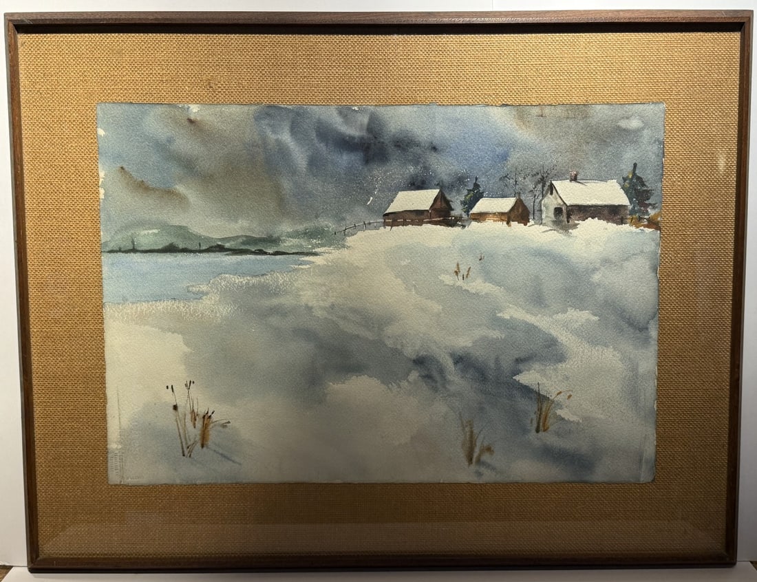 Estelle Reger; 20thC. American Watercolor Winter Landscape Signed: Watercolor on Arches paper. Winter Landscape with Houses. Signed lower right and dated '68; 15in. x 22in.(image), 22in. x 29in.(framed)