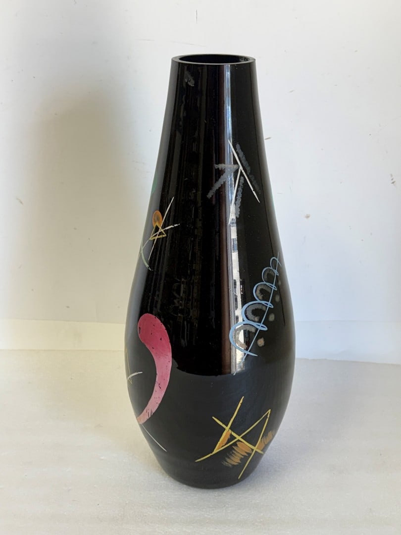 20thC. German Mid-Century Modern Painted and Etched Glass Vase: Mid-Century Modern painted and etched black glass vase. Designed in the manner of Joan Miro; 18.5in.H. x 7in.W.
