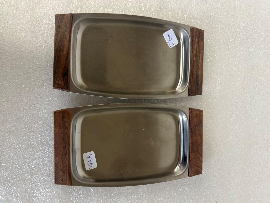 MCM Stainless Steel Trays (2): With wooden handles. Marked Stainless Steel 6 3/4" x 3 3/4"