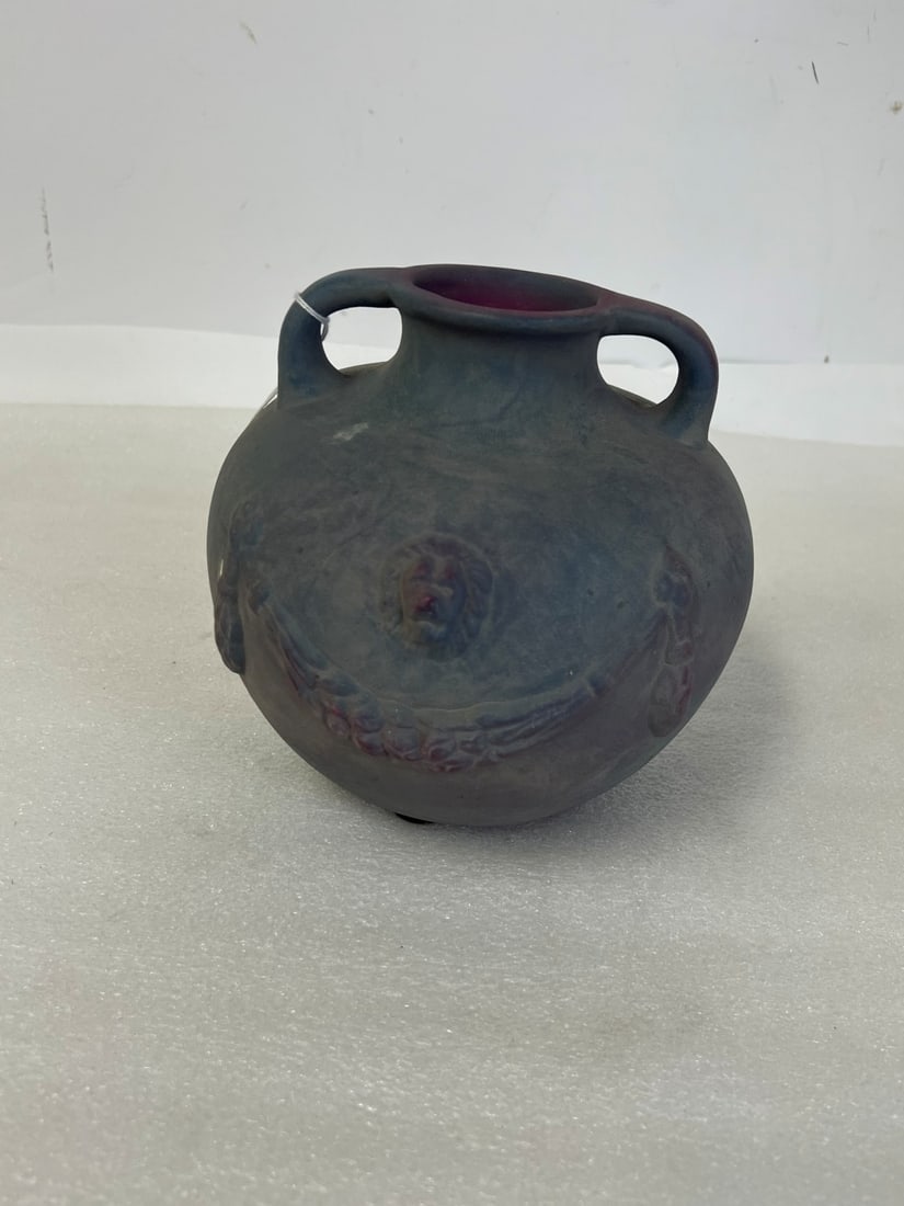 Grey Pottery Vase Lions Head: Lions head in high relief. 7 1/4"H