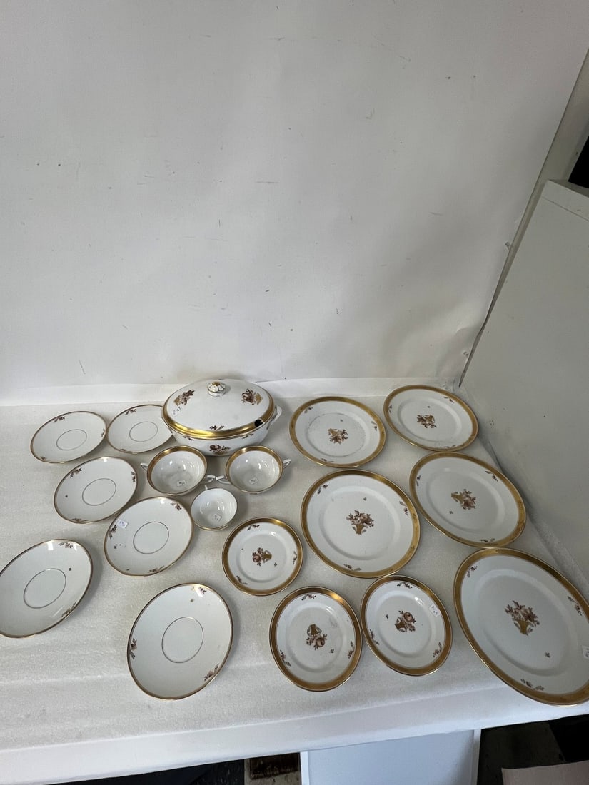 Royal Copenhagen Danish Covered Dish & Two Double Handled Cups and five plates etc (18 pcs ): 12"W 8" H (the covered casserole) Also included in the lot is a single handled cup; three small dishes, 6 1.2"; underplates for soups(6) 8 3/4: 18 pcs, in the lot. (18)