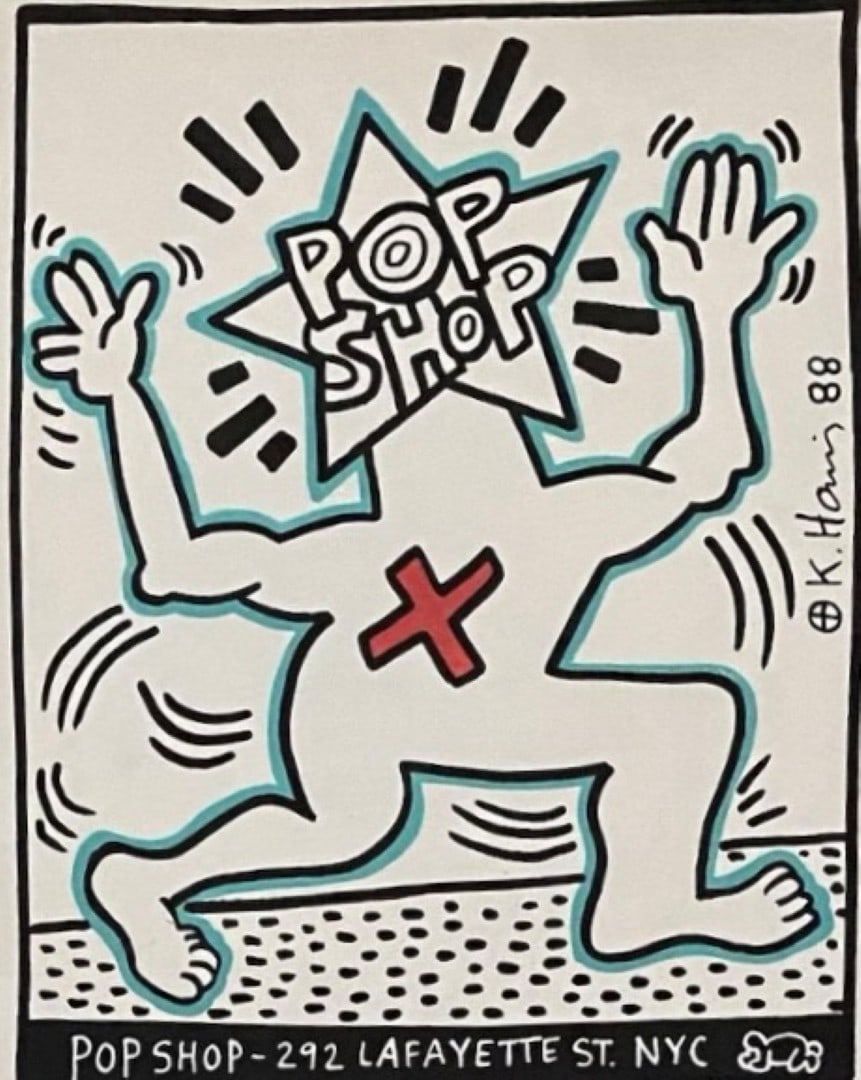 Keith Haring; 20thC. Felt -Tip Drawing: Felt-tip drawing on paper. Pop Shop NYC 1988. After Keith Haring. Bears signature and dated 1988. Inscribed Pop Shop - 292 Lafayette St. NYC and having artist's device; 10in. X 8.25in.(image), 13.25in