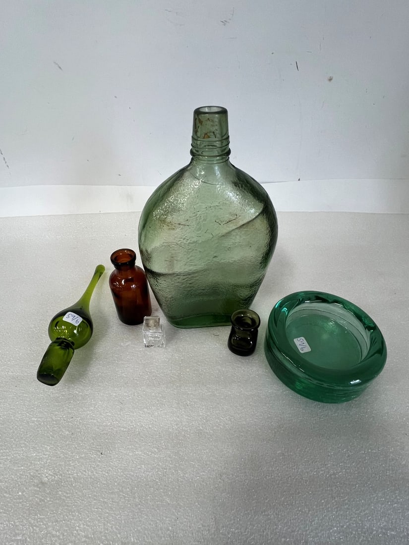 Collector or Dealer's Lot Antique Glass (6): Large green bottle ' green ashtray, brown bottle marked with L & F. Prod. Corp. Boomfield, N.J., a minIature perfume bottle;; a large bottle stopper, a miniature vase with rough pontil 10"H to 2:H. So