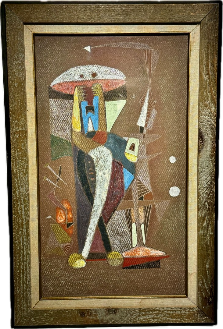 Eugene Arcieri; 20thC. Surrealist Mixed Media Signed: Eugene Arcieri (1914–2005) mixed media on brown paper. Surrealist Figural Composition. Signed lower right with artist's monogram; 25in. x 14.25in.(image), 30.5in. x 20in.(framed)