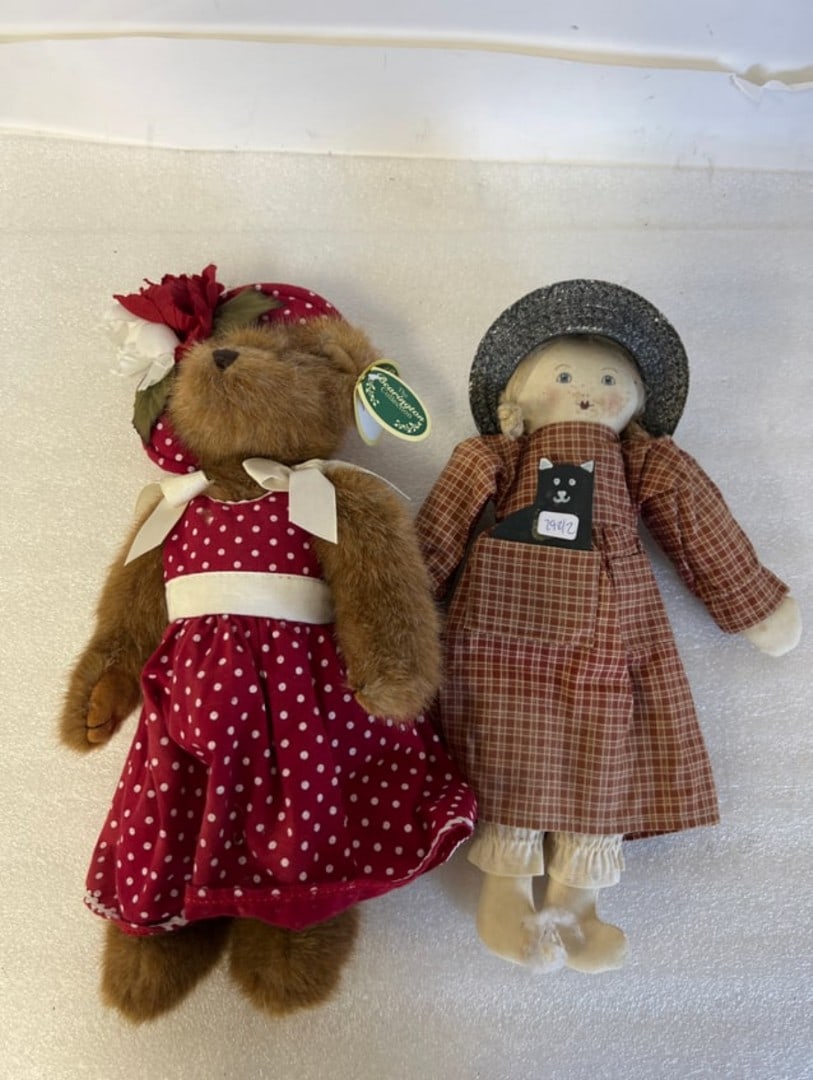 Handmade Cloth Doll and Bearington Bear: On handmade cloth doll, foot is as is and will be visible in photo. The bear is part of the Bearington Collection. Style 1539. Named Jackie