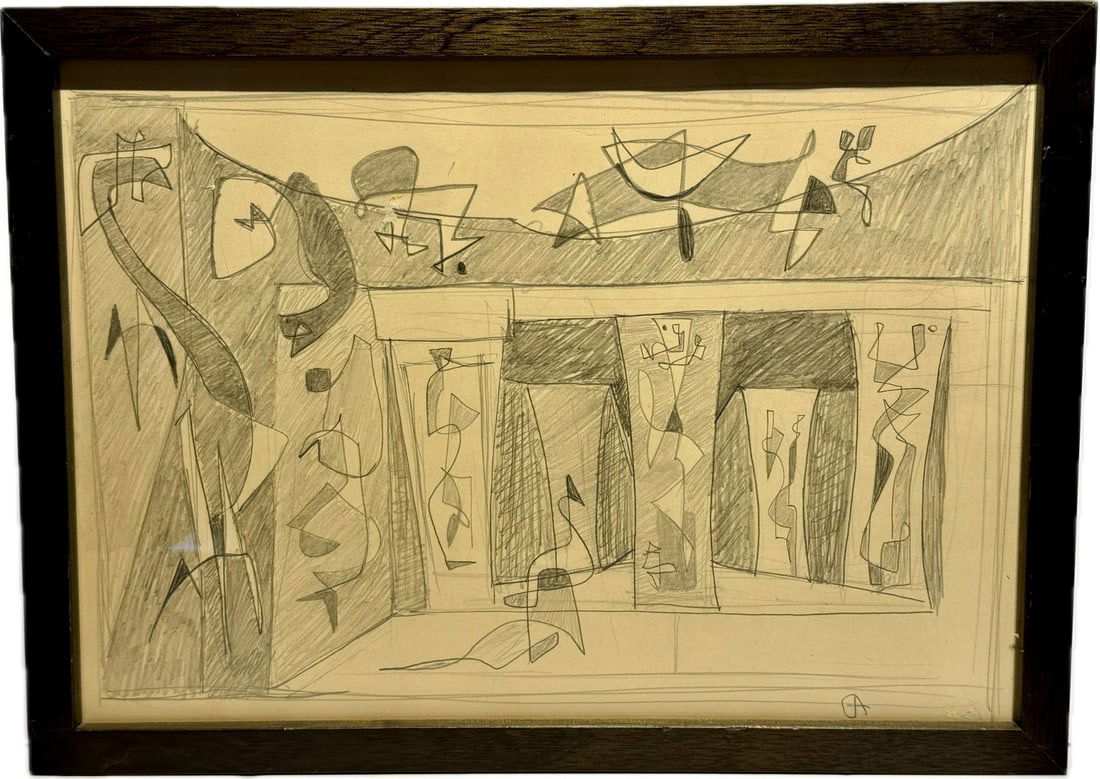 Eugene Arcieri; 20thC. Surrealist Drawing Signed: Eugene Arcieri (1914–2005) pencil on paper. Surrealist Composition. Signed lower right with artist's monogram; 9in. x 12.5in.(image), 9.75in. x 13.5in.(framed)