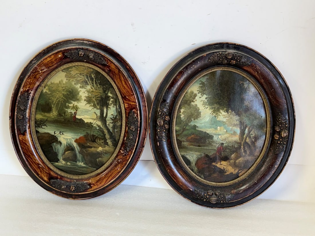 Pair of American Oil Hudson River School Landscapes: Pair of oval oil on canvas. Hudson River Landscapes with Figures. Wood frames; 10in. x 8in.(image), 14in. x 12in.(framed)