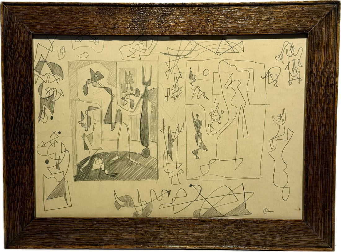 Eugene Arcieri; 20thC. Surrealist Drawing Signed: Eugene Arcieri (1914–2005) pencil on paper. Surrealist Composition. Signed lower right with artist's monogram; 9in. x 13.5in.(image), 11.5in. x 15.75in.(framed)