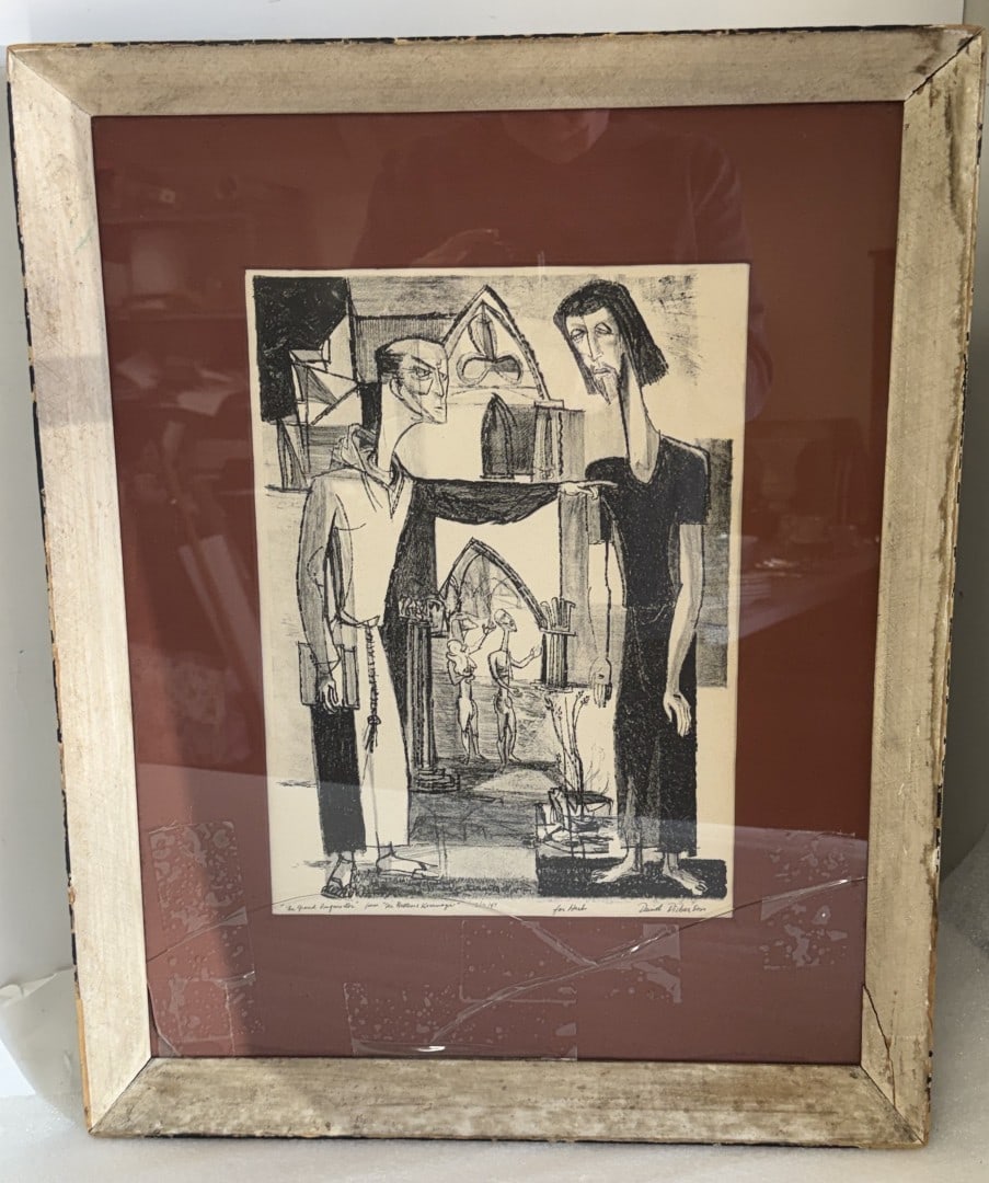 Daniel Dickerson; Lithograph "The Grand Inquisitor" Signed: Framed lithograph. The Grand Inquisitor. Pencil signed, titled, dated 3/12/47; 14.75in. x 10.25in.(image), 23in. x 18.5in.(framed) broken glass, no visible damage to print