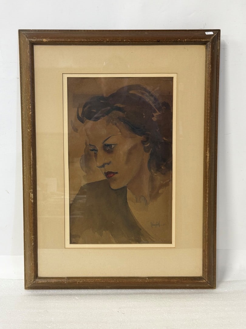 Rohnghild; Watercolor Portrait of a Woman Signed and Dated '39: Watercolor on paper. Portrait of a Woman. Signed lower right and dated '39; 17.5in. x 10.5in.(image), 26.5in. x 20in.(framed) creasing and tears to paper