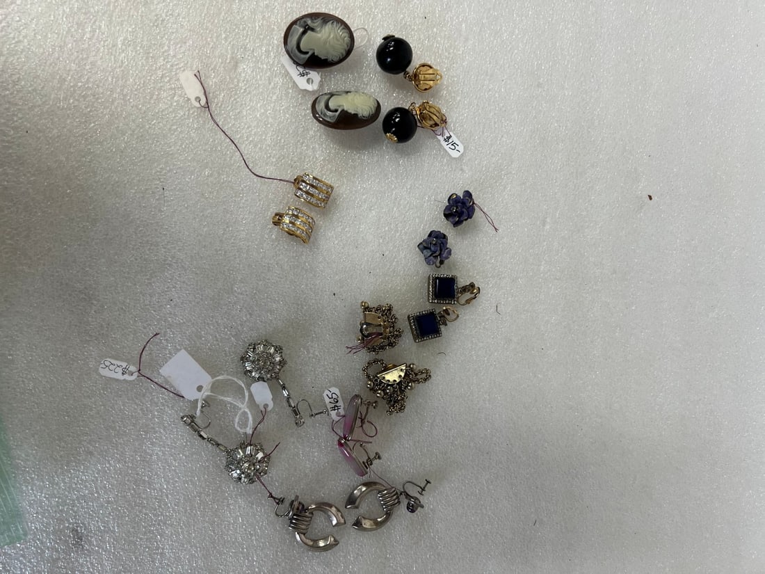 Vintage Clip Earrings (9 pr.): Cameo, Crystal, Blaxk Ball Drop Sgd., spectacular crystal drop, and six other pair as pictured.