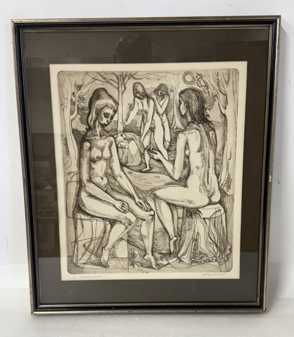 Irving Amen; 20thC. Modernist Etching Innocence Signed: Irving Amen(1918-2011) Framed drypoint etching. Innocence. Pencil signed, titled and numbered 15/200; 19in. x 16in.(image), 25.5in. x 21.5in.(framed)
