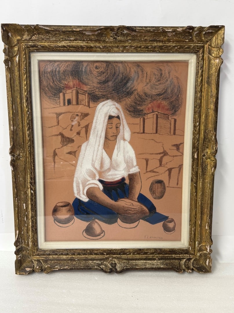 F.Z. Amantes; 20thC. Latin American Pastel Signed: Pastel on brown paper. Mexican Potter. Signed lower right; 21in. X 16.5in.(image), 28.5in. x 23.5in.(framed)