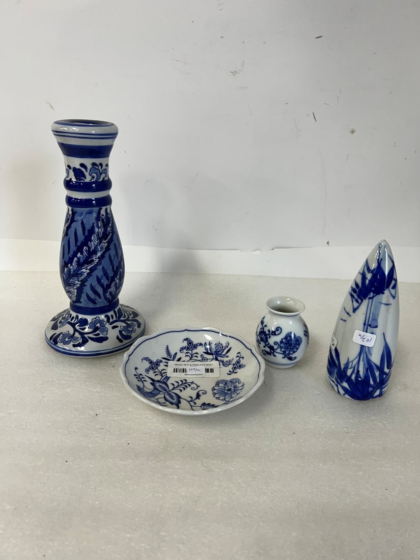 Blue and White China inc. Meissen: Meissen bowl, walll vase, candlestick, and a toothpick holder. 5 1/2"W., 6"H, 9 1/2"H and 3"H