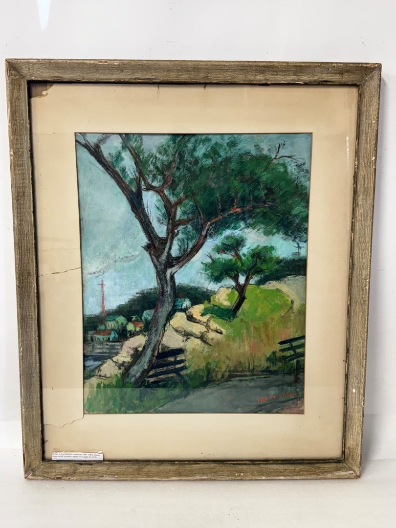 Rose A. Jacobsen; 20thC. American Modernist Gouache Signed: Rose A. Jacobsen(1891-1987) gouache on paper. Broken Fence. Signed lower right; 21.5in. x 17in.(image), 31.5in. x 26.5in.(framed)
