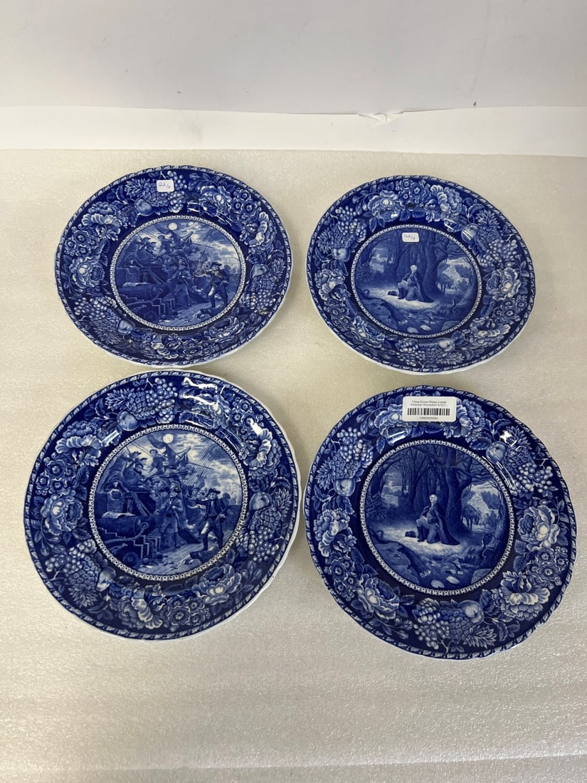 Staffordshire Plates (4): Two are Washington's Prayer at Valley Forge 1777, ; Commodore Paul Jones Capturing the Serapis, Sept. 23 1779 10"D