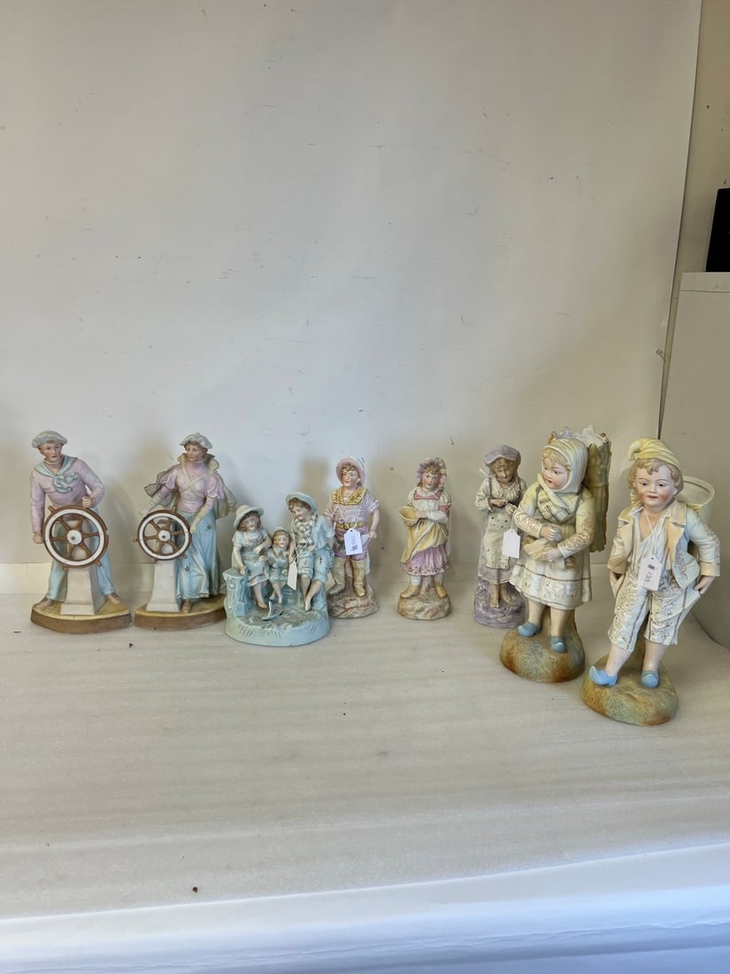 Antique Bisque Figures (8): Largest 14 1/2" Smallest 10" H