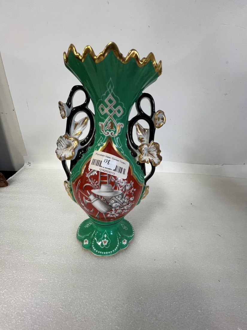 Antique Porcelain Vase Depicting Garden Tools: And also decorated with other garden accessories , hat , watering can etc. 10 3/4" H