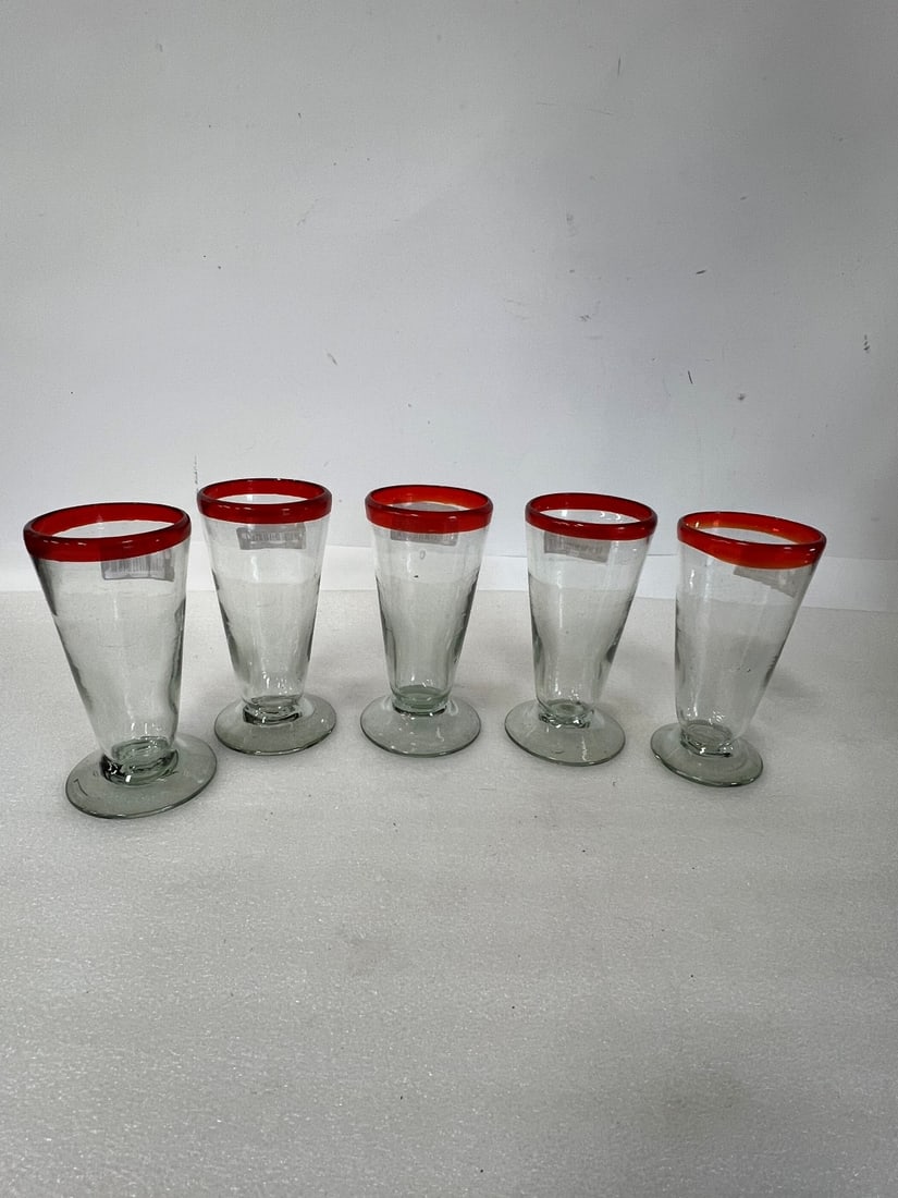 Pilsner Glasses. Rough Pontil. Red Rim (5): Five in the lot. 7"H.