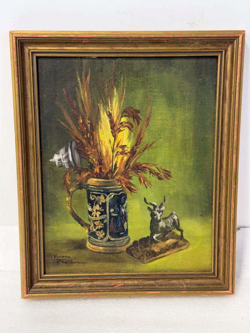 Yvonne Martin; 20thC. Oil Still Life Signed: Oil on board. The German Stien(Stein). Signed lower left and inscribed on reverse; 10in. x 8in.(image), 11.5in. x 9.5in.(framed)
