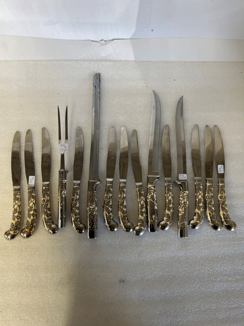 English Chase Silver Overlay (15): Stainless Sheffield English Knife Set, Three large knives and a large serving fork as pictured and eleven smaller,all marked . Fifteen in the lot. 14"and 9"