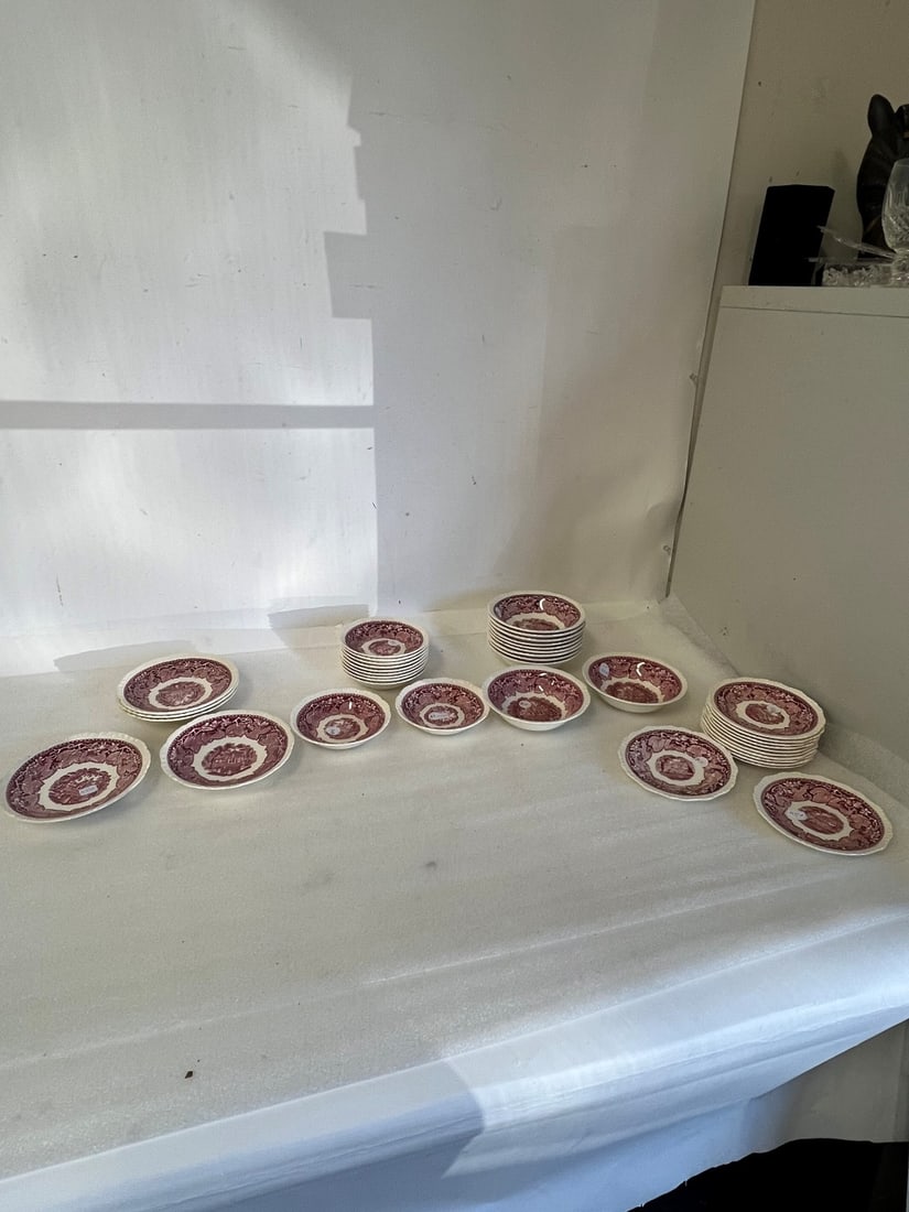 Masons Ironstone China Vista Pattern (48): Twelve Plates 5 3/4"D; Eleven small bowls, 5 1/2, Eleven bowls 6 1/4"D; four saucers. 48 pcs. in the lot,
