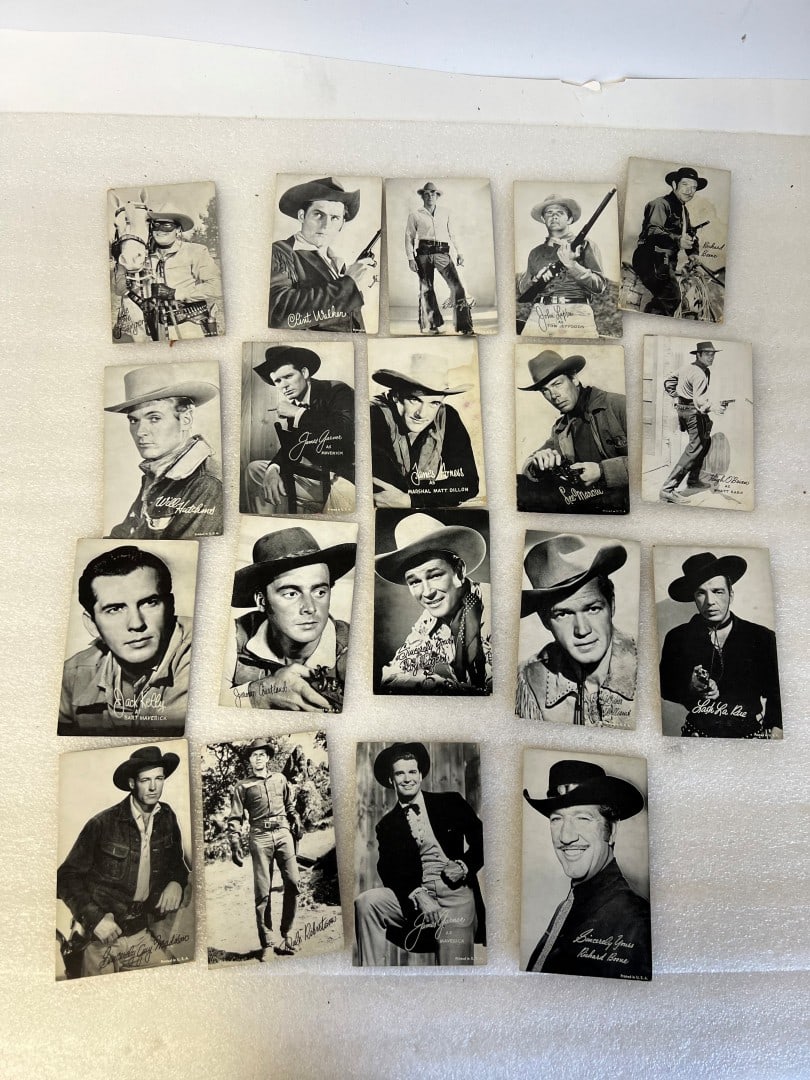 Early Cowboy Photograph Cards (19): Black and White. 5 1/2" x 3 3/4" Lee Marvin, Hugh O'Brian as Wyatt Earp, Richard Boone (2), James Garner (3), Lone Ranger , Roy Rogers ,Clint Walker, James Arness, Glenn Ford and others. Nineteen n
