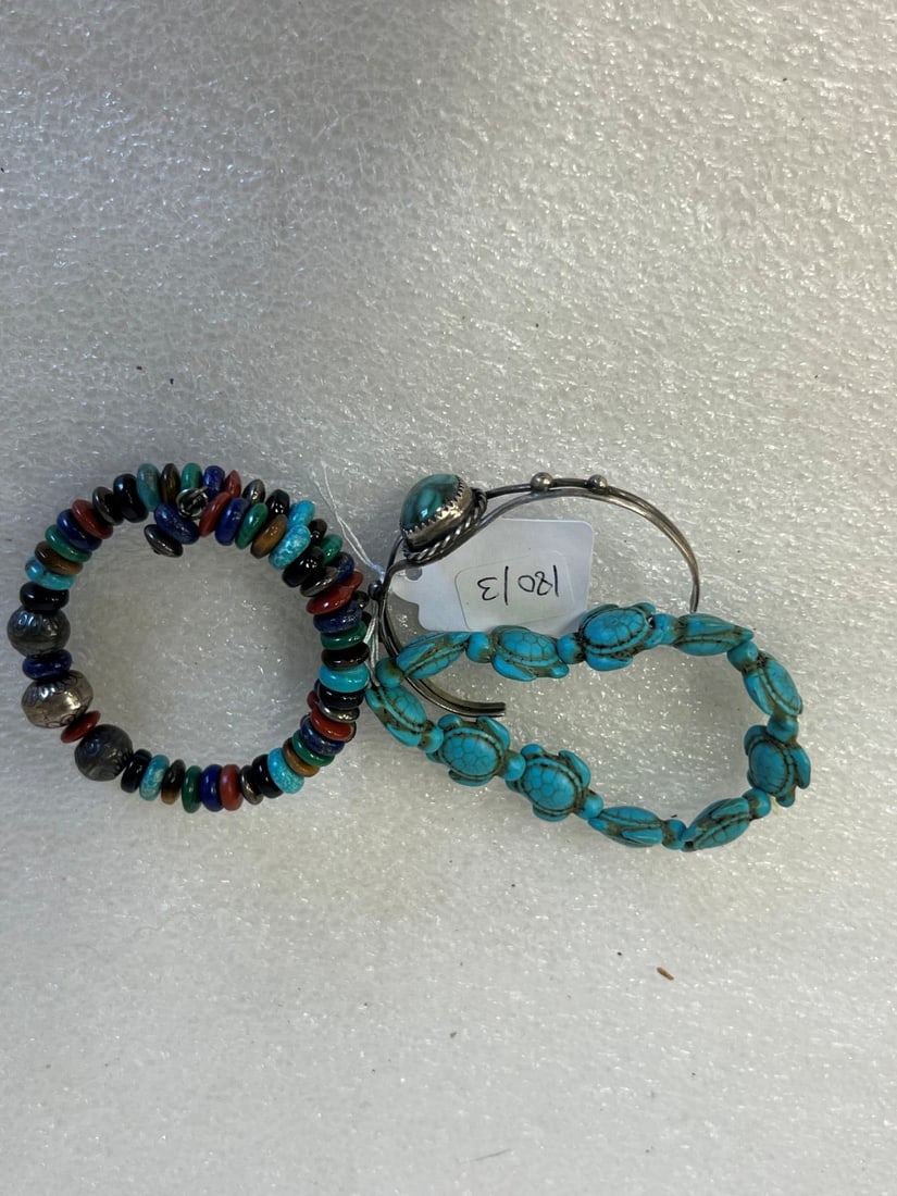 Antique Gemstone Bracelets (3): Turquoise, gemstone inc. coral, lapis, turquoise, jade and sterling. And a third.