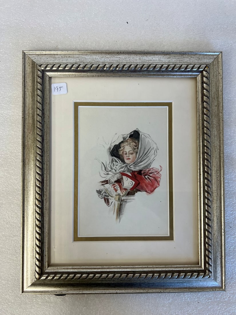 Vintage American Illustration: Illustration of a woman driving. No markings. Matted and Framed. 12"L by 10.25"W